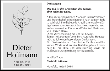 Traueranzeige von Dieter Hoffmann von Mitteldeutsche Zeitung Mansfelder Land
