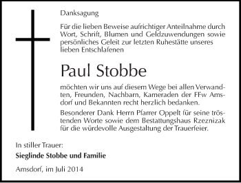 Traueranzeige von Paul Stobbe von Mitteldeutsche Zeitung Mansfelder Land