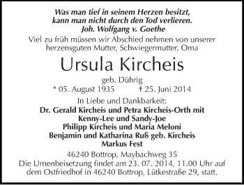 Traueranzeige von Ursula Kircheis von Mitteldeutsche Zeitung Halle/Saalkreis