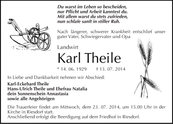 Traueranzeige von Karl Theile von Mitteldeutsche Zeitung Köthen