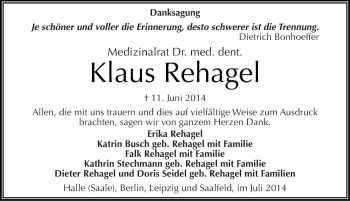 Traueranzeige von Klaus Rehagel von Mitteldeutsche Zeitung Halle/Saalkreis