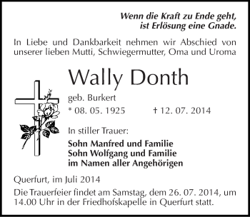 Traueranzeige von Wally Donth von Mitteldeutsche Zeitung Merseburg/Querfurt