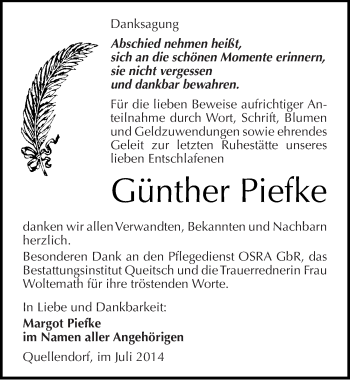 Traueranzeige von Günther Piefke von Mitteldeutsche Zeitung Köthen