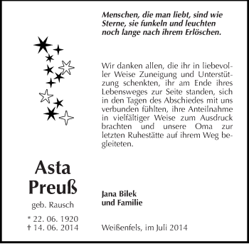 Traueranzeige von Asta Preuß von Mitteldeutsche Zeitung Weißenfels