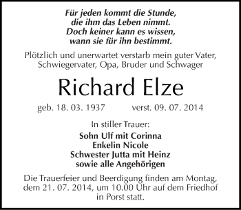 Traueranzeige von Richard Elze von Mitteldeutsche Zeitung Köthen