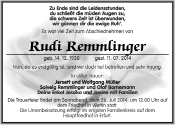 Traueranzeige von Rudi Remmlinger von Mitteldeutsche Zeitung Halle/Saalkreis
