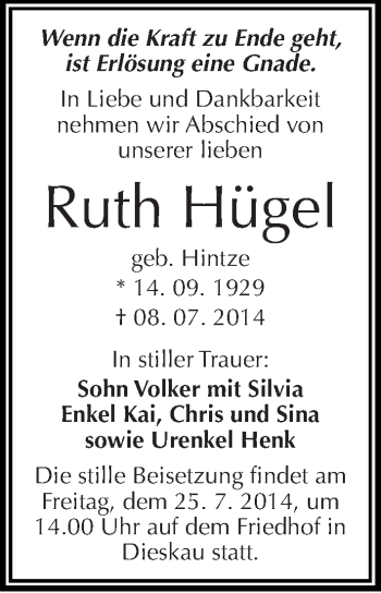 Traueranzeige von Ruth Hügel von Mitteldeutsche Zeitung Halle/Saalkreis