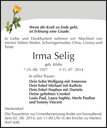 Traueranzeige von Irma Selig von Mitteldeutsche Zeitung Naumburg/Nebra
