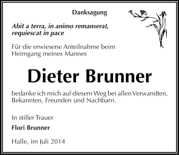 Traueranzeige von Dieter Brunner von Mitteldeutsche Zeitung Halle/Saalkreis