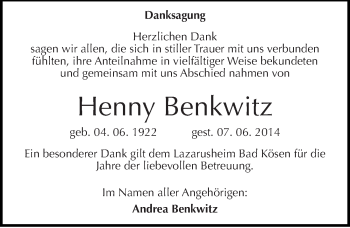 Traueranzeige von Henny Benkwitz von Mitteldeutsche Zeitung Naumburg/Nebra