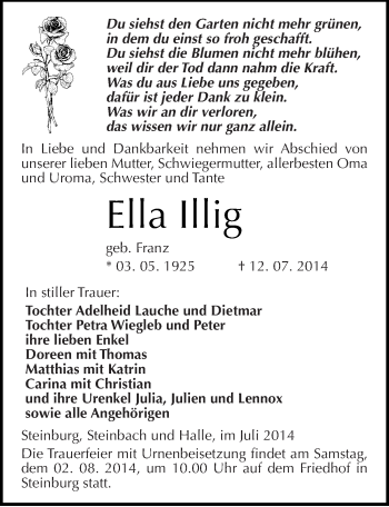 Traueranzeige von Ella Illig von Mitteldeutsche Zeitung Naumburg/Nebra