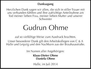 Traueranzeige von Gudrun Ohme von Mitteldeutsche Zeitung