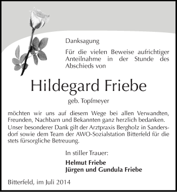 Traueranzeige von Hildegard Friebe von Mitteldeutsche Zeitung Bitterfeld