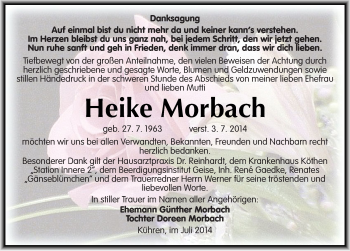 Traueranzeige von Heike Morbach von Mitteldeutsche Zeitung Köthen