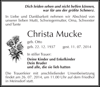 Traueranzeige von Christa Mucke von Mitteldeutsche Zeitung Dessau-Roßlau