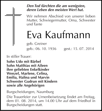 Traueranzeige von Eva Kaufmann von Mitteldeutsche Zeitung Naumburg/Nebra