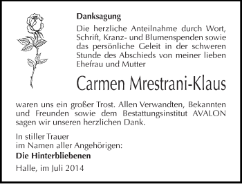 Traueranzeige von Carmen Mrestrani-Klaus von Mitteldeutsche Zeitung Halle/Saalkreis