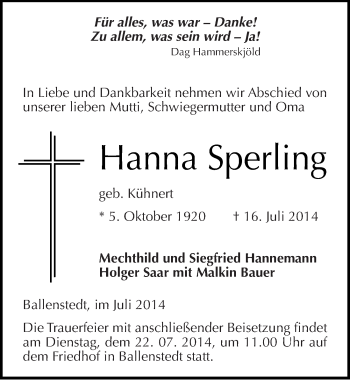 Traueranzeige von Hanna Sperling von Mitteldeutsche Zeitung Quedlinburg