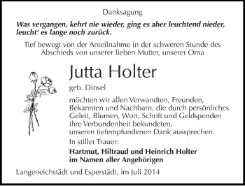 Traueranzeige von Jutta Holter von Mitteldeutsche Zeitung Merseburg/Querfurt