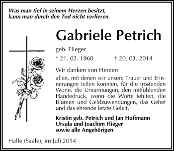 Traueranzeige von Gabriele Petrich von Mitteldeutsche Zeitung Halle/Saalkreis