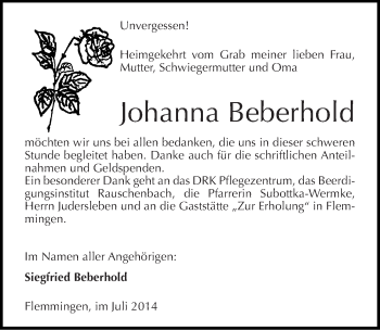 Traueranzeige von Johanna Bebehold von Mitteldeutsche Zeitung Naumburg/Nebra