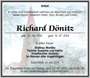 Traueranzeige von Richard Dönitz von Mitteldeutsche Zeitung Merseburg/Querfurt