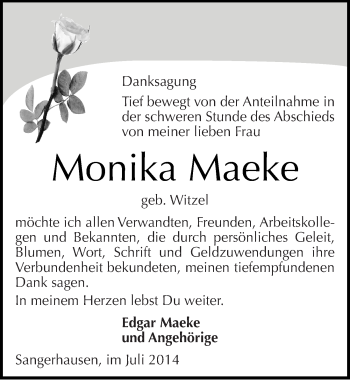 Traueranzeige von Monika Maeke von Mitteldeutsche Zeitung Sangerhausen