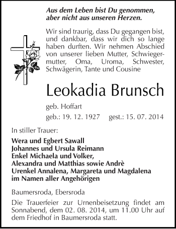 Traueranzeige von Leokadia Brunsch von Mitteldeutsche Zeitung