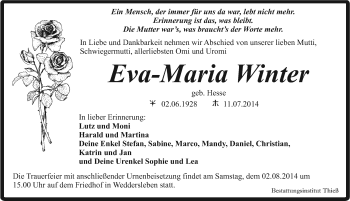 Traueranzeige von Eva-Maria Winter von Mitteldeutsche Zeitung Quedlinburg