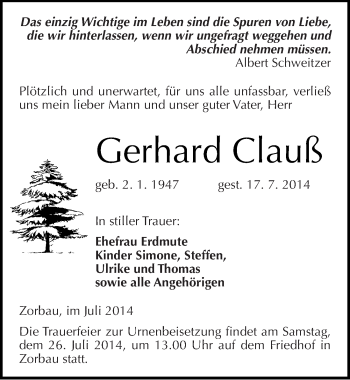 Traueranzeige von Gerhard Clauß von Mitteldeutsche Zeitung Weißenfels