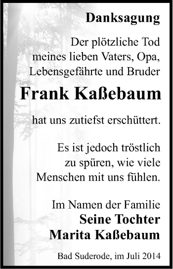 Traueranzeige von Frank Kaßebaum von Mitteldeutsche Zeitung Quedlinburg