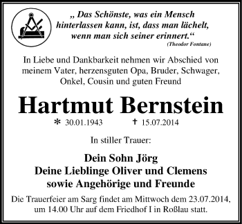Traueranzeige von Hartmut Bernstein von Mitteldeutsche Zeitung Dessau-Roßlau