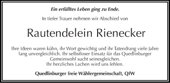 Traueranzeige von Rautendelein Rienecker von Mitteldeutsche Zeitung Quedlinburg