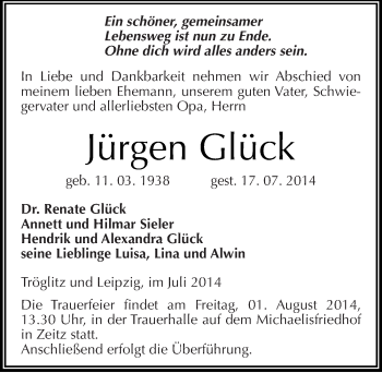 Traueranzeige von Jürgen Glück von Mitteldeutsche Zeitung Zeitz