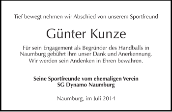 Traueranzeige von Günter Kunze von Mitteldeutsche Zeitung Naumburg/Nebra