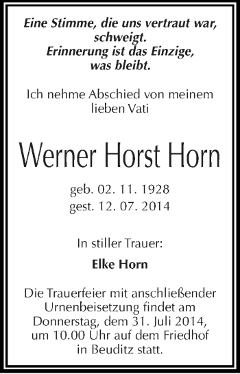 Traueranzeige von Werner Horst Horn von Mitteldeutsche Zeitung Halle/Saalkreis