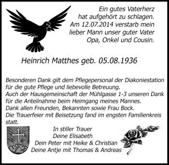 Traueranzeige von Heinrich Matthes von Mitteldeutsche Zeitung Sangerhausen