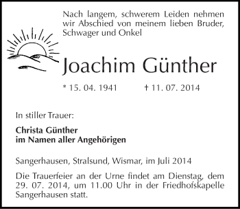 Traueranzeige von Joachim Günther von Mitteldeutsche Zeitung Sangerhausen