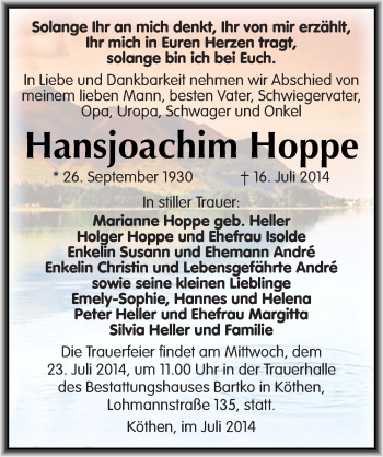 Traueranzeige von Hansjoachim Hoppe von Mitteldeutsche Zeitung Köthen