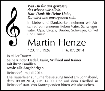 Traueranzeige von Martin Henze von Mitteldeutsche Zeitung Naumburg/Nebra