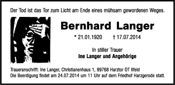 Traueranzeige von Bernhard Langer von Mitteldeutsche Zeitung