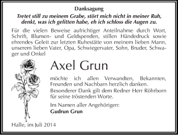 Traueranzeige von Axel Grun von Mitteldeutsche Zeitung Halle/Saalkreis
