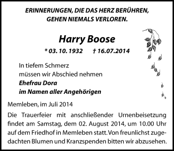 Traueranzeige von Harry Boose von Mitteldeutsche Zeitung Naumburg/Nebra