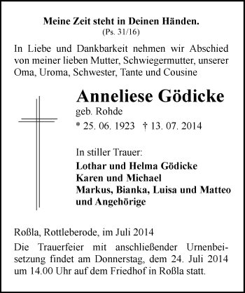 Traueranzeige von Anneliese Gödicke von Mitteldeutsche Zeitung Sangerhausen