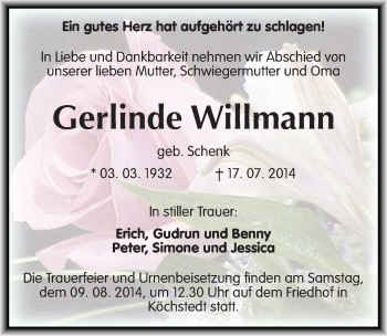 Traueranzeige von Gerlinde Willmann von Mitteldeutsche Zeitung Halle/Saalkreis