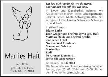 Traueranzeige von Marlies Haft von Mitteldeutsche Zeitung Mansfelder Land