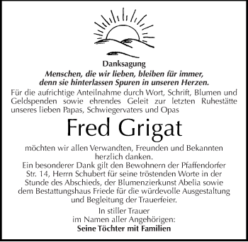 Traueranzeige von Fred Grigat von Mitteldeutsche Zeitung Dessau-Roßlau
