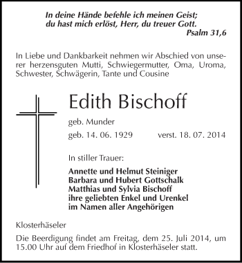 Traueranzeige von Edith Bischoff von Mitteldeutsche Zeitung Naumburg/Nebra