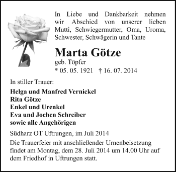 Traueranzeige von Marta Götze von Mitteldeutsche Zeitung Sangerhausen