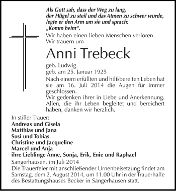 Traueranzeige von Anni Trebeck von Mitteldeutsche Zeitung Sangerhausen